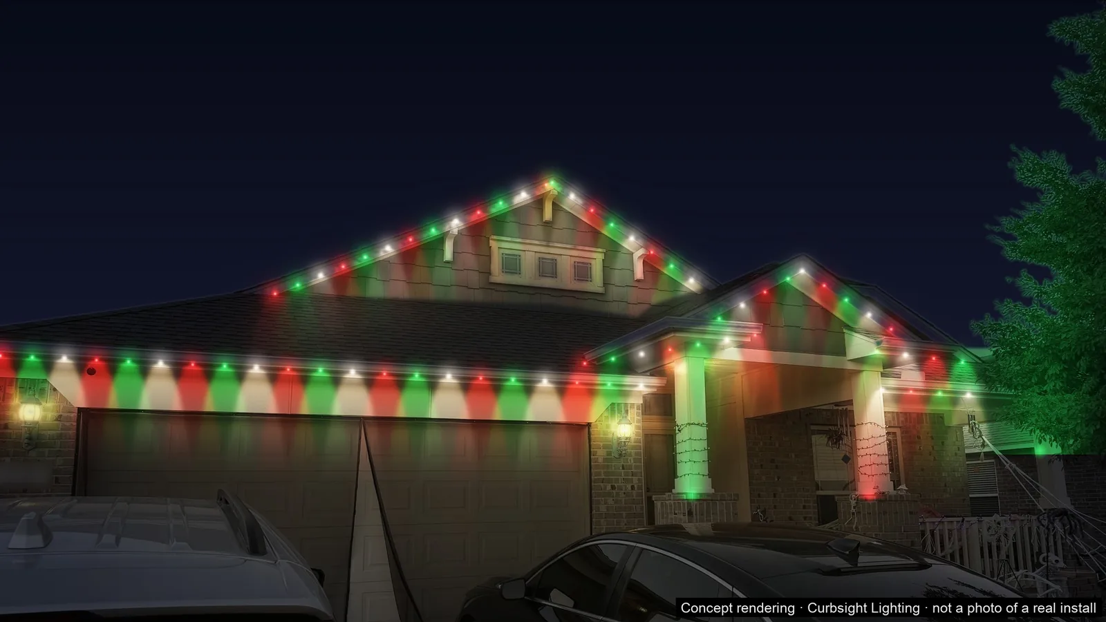 A home at night with red, green and white node lights along the whole roofline