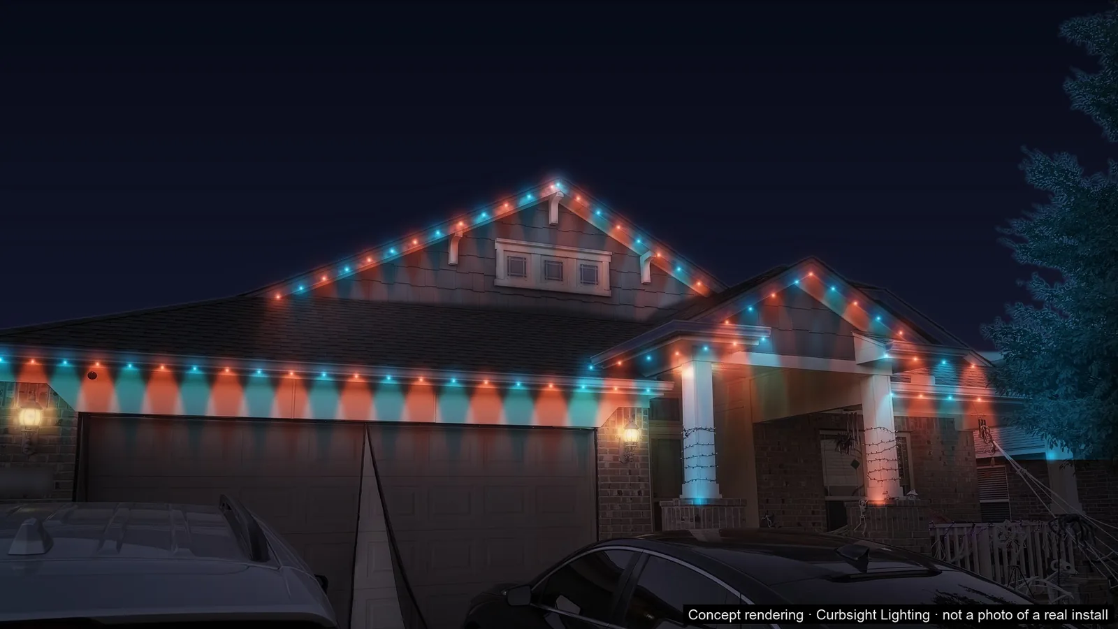 A home at night with blue and orange game-day lights along the roofline