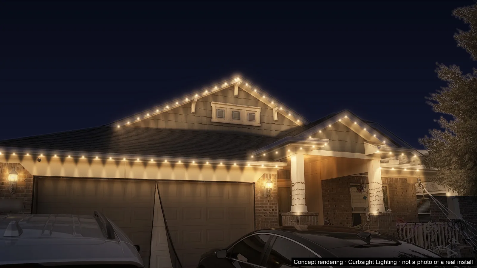 A one-story home at night in soft warm white node lights, with the entry brightest