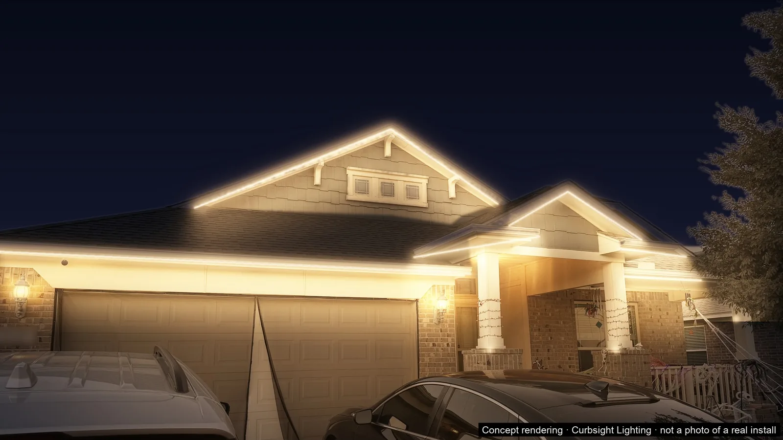 A home at night outlined in a continuous warm white line, with the gables leading and deep darkness around it