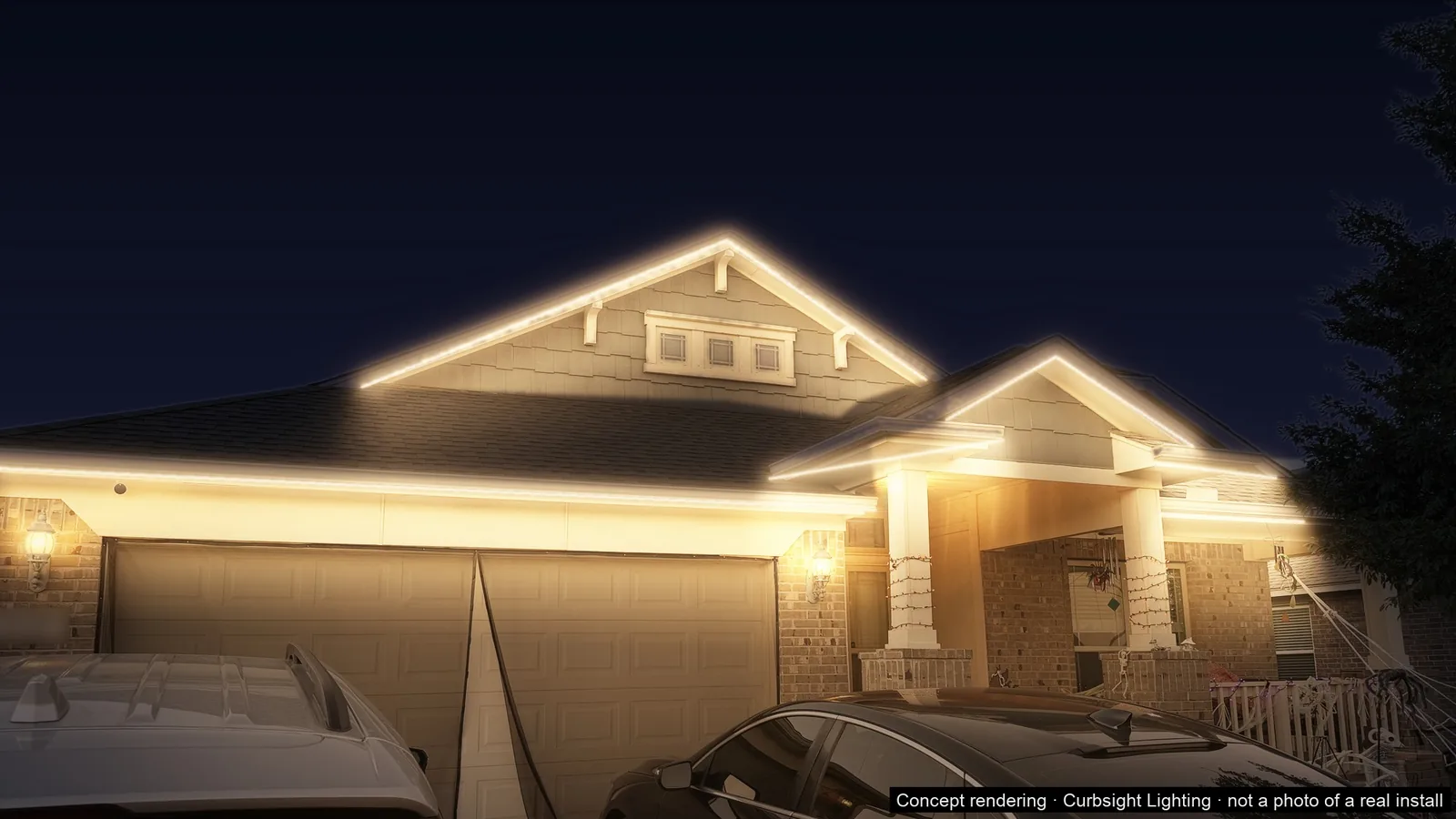 A home at night with one warm continuous line tucked under the roof edge and no uplighting